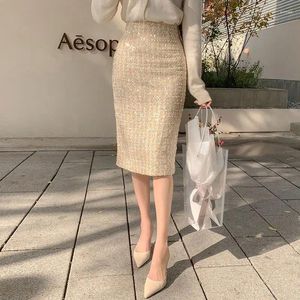 Jupes automne hiver femmes mode mince laine femme taille haute Tweed dames longueur au genou une étape Faldas