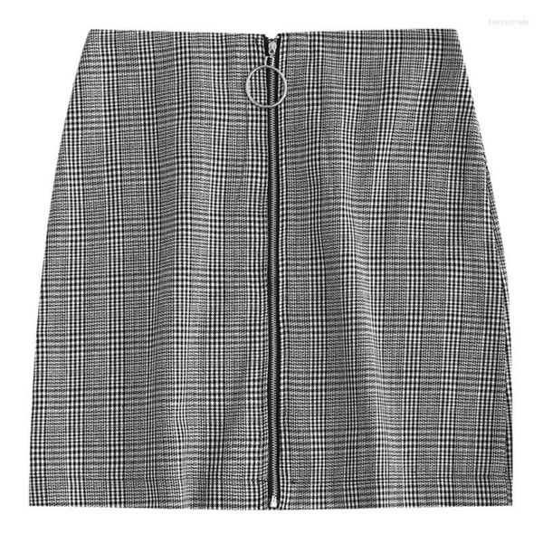 Faldas AZULINA O Ring Zip-Up Houndstooth Plaid falda 2022 primavera otoño corto mujer elegante moda Bottoms