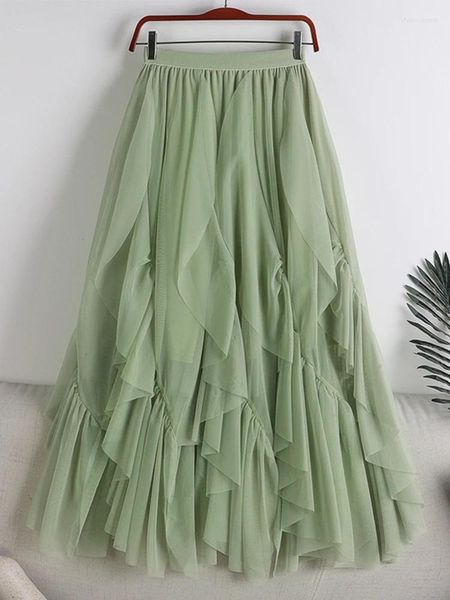 Faldas BabYong Verde Cuffy Alto Largo Primavera Otoño Moda Dobladillo fijo Maxi Falda de mujer