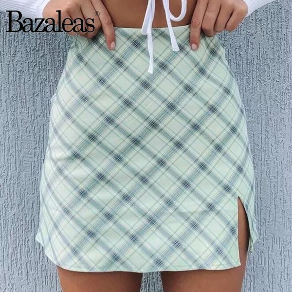 Jupes Bazaleas taille haute une ligne Vintage Tartan vert femmes jupe courte mince rétro sexy