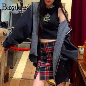 Jupes Bazaleas Streetwear Noir Rouge Patchwork Plaid Slim Tartan Femmes A-ligne Jupe Harajuku Split Court