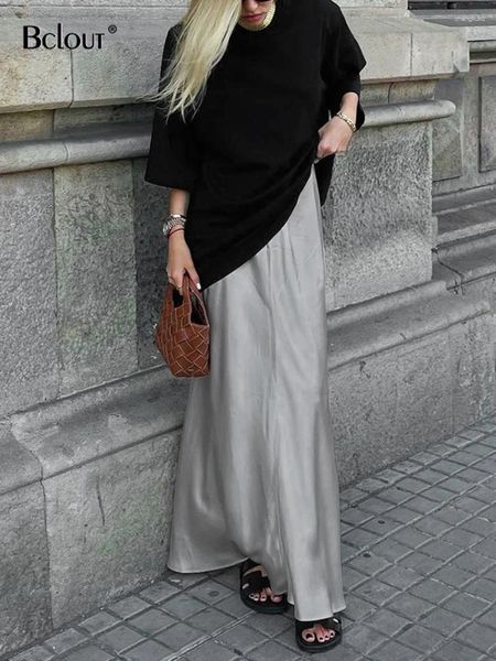 Faldas Bclout elegante satinado gris mujer otoño sólido oficina dama delgada larga moda alta cintura fiesta vintage femenino
