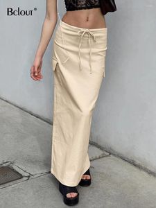 Jupes Bclout été Beige coton longues femmes 2024 mode taille basse taille à lacets fente élégante poche mince droite