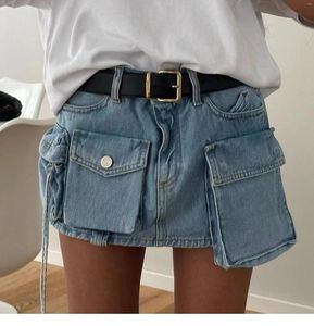 Skirts Beach Vintage Faldas Lady High Street Big Pocket Slim Fit Jiron Summer Summer Casual Washed Cotton Denim Mini pour femmes