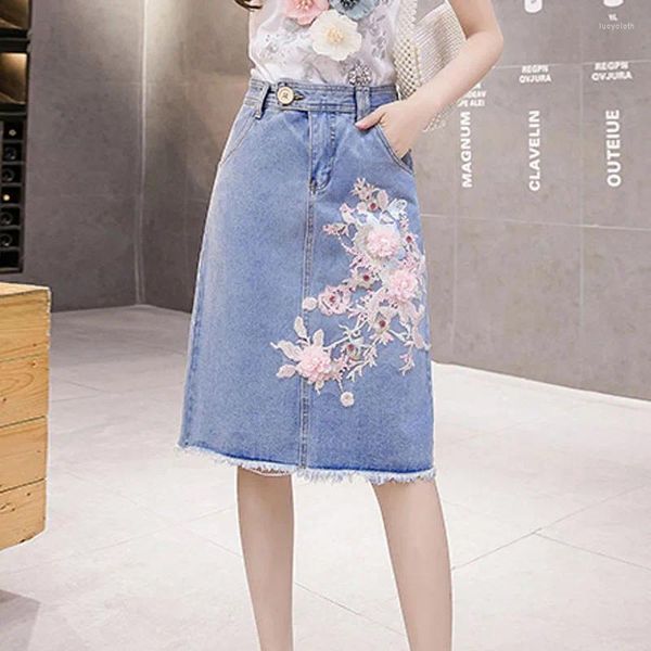 Jupes Perles Fleurs Broderie Denim Jupe Femmes 2023 Été Coréen Décontracté Floral Vintage A-ligne Bleu Midi Jeans