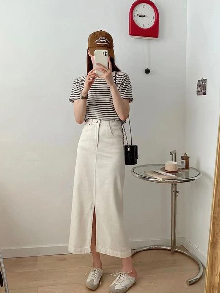 Faldas Beige Blanco Denim Largo para las mujeres Moda 2023 Maxi Coreano Ropa de verano Jeans Vintage Elegante Elegante Clásico Casual Y2K