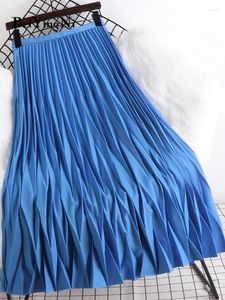 Jupes Beiyingni 2022 Mode d'été coréenne vague plissée longue jupe midi femmes couleur unie décontracté Kawaii taille haute mi-mollet