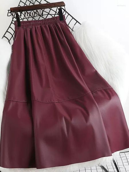 Faldas Beiyingni A-line Midi PU para mujer elegante Vintage Simple moda coreana cuero Falda larga señoras Patchwork Slim Faldas