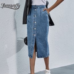 Rokken benuynffy single breasted knie lengte denim rok vrouwen streetwear casual pocket hoge taille rechte jeans rok 230412