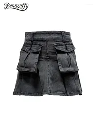 Rokken benuynffy streetwear vracht denim mini dames y2k vintage zakken hoge taille zomer a-line Jean short 2024
