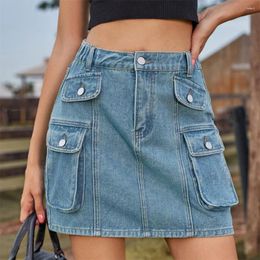 Faldas Benuynffy Vintage Mujeres Denim Short Summer Streetwear Multi Pocket Elástica Femenina Cargo casual Mini