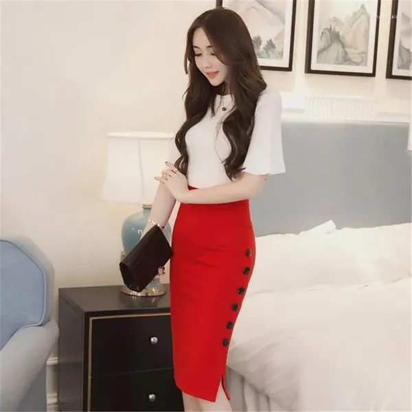 Jupes Bigsweety Sexy Femmes Jupe Crayon Noir Rouge OL Taille Moyenne Mi-mollet Midi Casual Slim Hip Placketing Lady