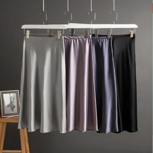 Jupes Birdsky, Été 1PC femmes jupe 19MM 93% mûrier soie 7% spandex satin bureau dame jupes une ligne couleurs unies.S351