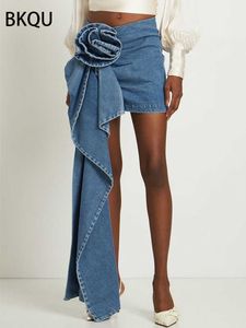 Rokken bkq 2023 zomer denim mini -rokken y2k esthetische 3D bloemen ontwerp hoge taille micro rokken skinny wrap jeans penceil rok vrouwen p230508