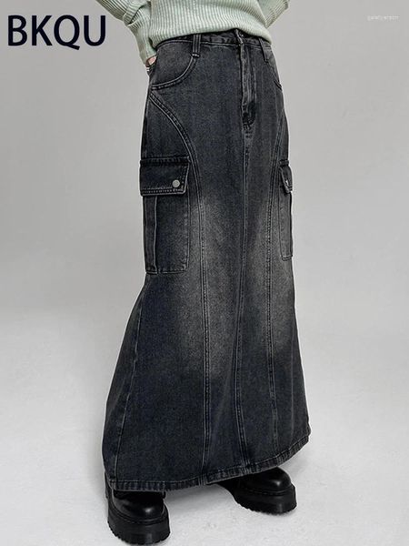 Faldas BKQU Denim Long Mujeres 2024 Moda Alta Cintura Recta Split Jean Streetwear Y2K American Pocket Washed Maxi Falda