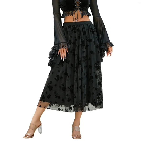 Faldas Caloter Vestido midi de media falda larga reversible para mujer de cintura alta en capas de tul con estampado floral y malla en color negro