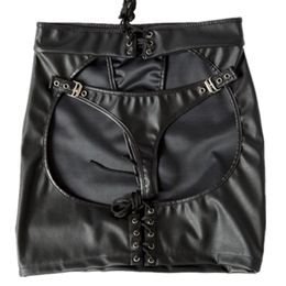 Jupes noir Faux cuir PU à lacets ouvert cul nu hanche Bondage Sexy femmes exotique boîte de nuit danse Clubwear fessée jupe