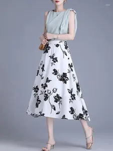 Faldas Falda larga para fiesta y Festival Floral negra para mujer Primavera Verano 2024 falda plisada de cintura alta con estampado blanco dulce coreano