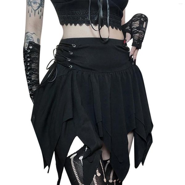 Jupes Noir Gothique Femmes À Lacets Irrégulière Punk Taille Haute Minijupes À Volants Pour Fête Festival De Musique Rock Concert Carnaval