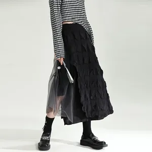 Jupes noir gris épissé maille irrégulière taille haute jupe printemps automne femmes Streetwear gothique ample longue Multi couches 3650