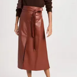 Jupes Noir Demi-Jupe Simili Cuir Femme Automne Design Sense Taille Haute Plaid Ceinture Fendue Fermée Longue
