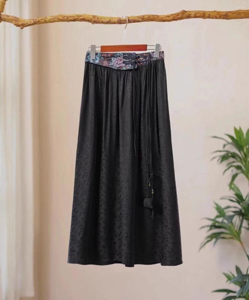 Jupes noires longues jupe chinoise rayonne jacquard couleur femme de couleur a-ligne élastique broderie vintage