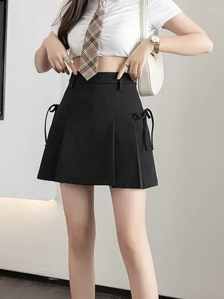 Jupes noires Mini pour femmes taille haute plissée à lacets Chic a-ligne poche coréenne Y2k jupe avec doublé