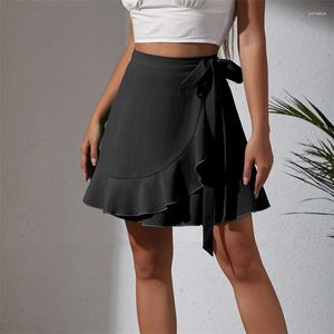 Faldas Mini falda negra Y2k ropa con cordones plisado Harajuku moda corta sexo chicas Boho sólido alto cintura volante para mujer