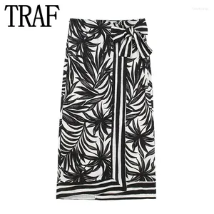 Jupes noires imprimer Pareo Long pour les femmes 2024 vintage Boho Wrap jupe femme mode fente Summer plage liée midi
