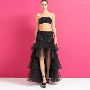 Saias Preto Lantejoulas Tulle Alta Low Tiered Ruffle Saia Moda Chão Comprimento Em Camadas Noite Maxi Custom Made Mulheres