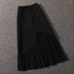 Jupes jupe noire plus taille élastiquée printemps d'été Mid-Longueur Over-the-Knee Panel en mousseline de soie plissée