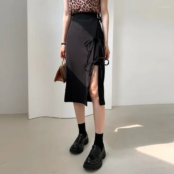 Jupes noires slit midi mitir pour femmes Summer Slim Elegant High-Waist Bandage A-Line Fashion Coorean Style Clothing