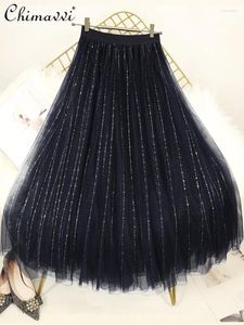 Jupes noires starry paillettes en maille 2024 drapage de mode printemps d'été Galaxie Mid-longueur Bright Silk Fairy Gauze