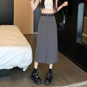 Jupes Black Suit Belt A-line pour femmes Pure Summer All-Match Simple Korean Style Streetwear Grey Long Vêtements