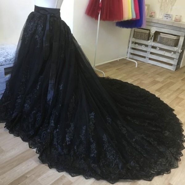 Jupes jupe de mariage en tulle noir jupe de mariage détachable dentelle appliquée tutu de mariée longue jupe pour robe