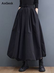 Rokken Zwart Vintage Hoge Taille Plooirok Vrouwen Plus Size Mode Trekkoord Losse Casual Midi Rokken Kleding Herfst Winter 230308