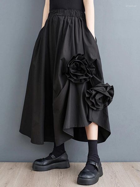 Jupes noires vintage hautes jupe de taille femme impliquée fleurie plus taille plus lâche vêtements midi décontractés été 2024