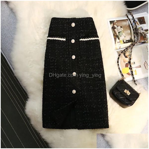 Jupes Noir Blanc T Long Femmes Automne Hiver Soie Brillante Femme Vintage Taille Haute A-Line Wrap Office Lady 220317 Drop Delivery App Dhkzi