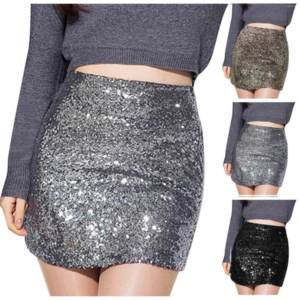 Faldas Bling Gold Lurex Falda Bodycon Lápiz Alto elástico Corea Empire Mid Long Lentejuelas Sexy Club Caqui Plata Negro