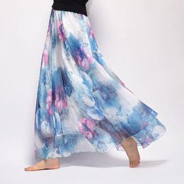 Jupes bleues chinois de style chinois rétro de plage de plage jupe bohème imprimé floral long mousseline de mousseline boho