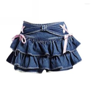 Rokken Blauwe Denim Geplooide Rok Y2K Esthetische Zoete Roze Boog Lace Up Ruches Cake Mini Harajuku Vrouwen Kawaii Korte jaren '90