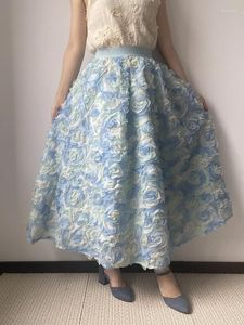 Jupes bleu brodé fleur taille haute fée jupe haute qualité 3D Rose Vintage Tulle maille 2024 printemps/été femmes vêtements