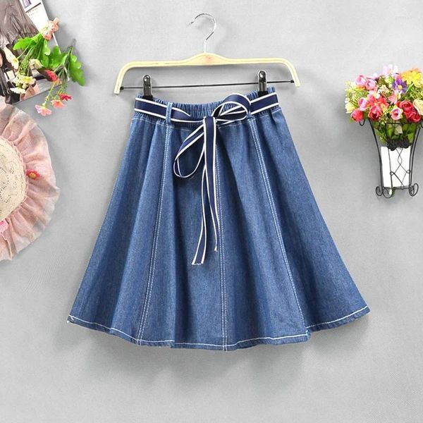 Jupes bleu à lacets jupe courte en jean femmes 2024 mode taille haute jean mini femme élastique a-ligne école de soleil