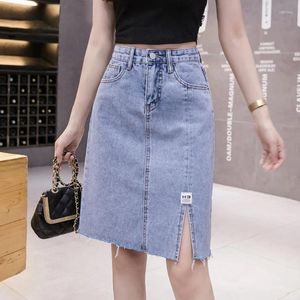 Jupes bleues jupe courte en jean pour femmes 2024 été taille haute fente latérale mini portefeuille hanche tout-match femme mince jean