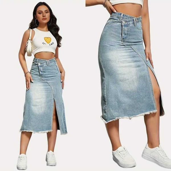 Skirts Blue Skinny Jeans Pocket Jeans Design Maxi Spring Autumn Slit Y2K Elástico Retro Jeans Club E Girl Street Clothing Jeans Skinny Q240507