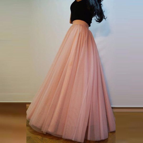 Saias Blush Tule Rosa Feminino Feito Sob Medida Cintura Larga Linha A Até o Chão Vestidos Maxi Longos Saia Tutu Completo Grosso