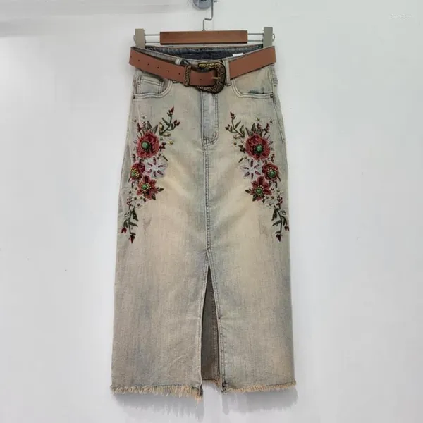 Faldas Bohemias con cuentas, falda vaquera con bordado Floral para mujer, informal, Vintage, cintura alta, larga, recta, elegante, ajustada, verano