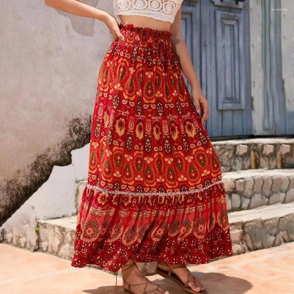 Faldas Boho Beach Skirt Floral Bright Impress Maxi para mujeres ELASTIC High Wist A Line Hem Party