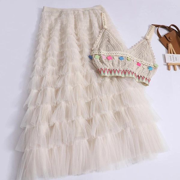 Jupes boho camisole top gauze gâteau jupe femme deux pièces ensemble doux gonfy creux style holiday style suntope wear