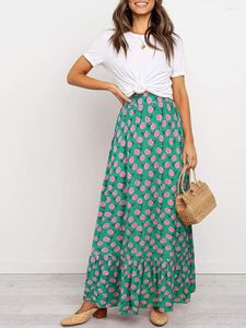 Faldas Boho para mujeres Long Hippie Elástica Winist Vintage Floral Impresión A Línea A Tiered Flowy Maxi Skirt (Purple M)